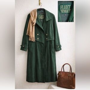 Vintage Fleet Street 90s Green Trench Coat Zip Out Wool Lined Gold Buttons 8P